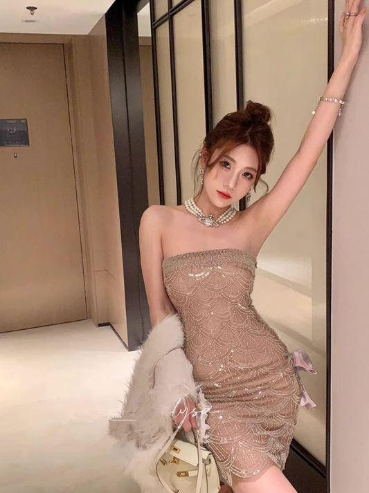 Sexy Sequin Strapless Short Dress Birthday Dress YM1713