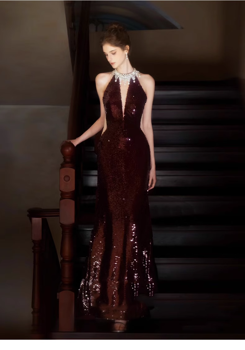 Burgundy Sequins Mermaid Evening Dress New Prom Dress YM1612