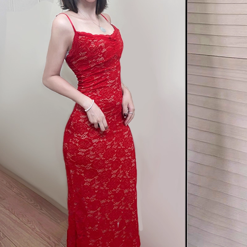 Pretty Straps Red V Neck Lace Vacation Dress Long Party Dress YM2199