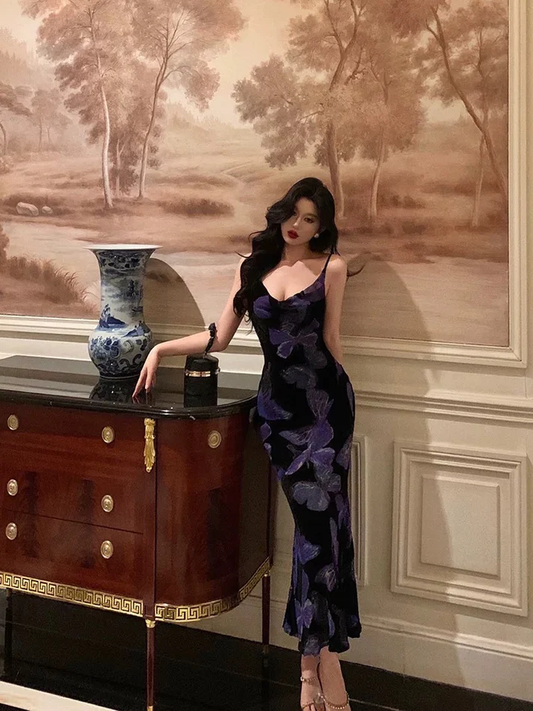 Charming Spaghetti Straps Purple Floral Butterfly Long Prom Dress Birthday Outfits YM1707