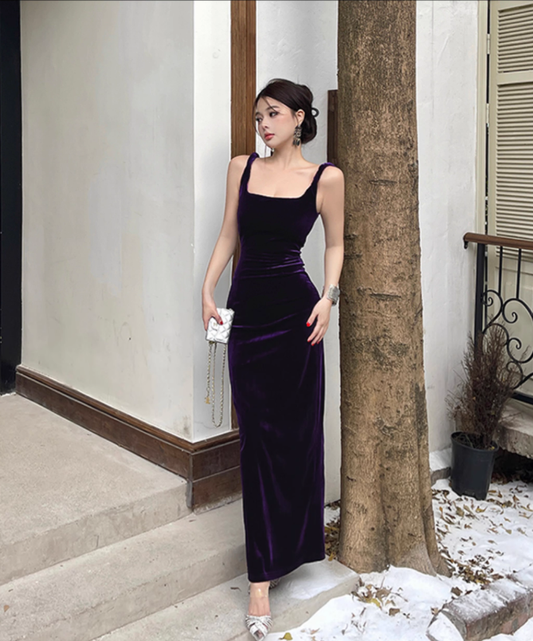 Charming Spaghetti Straps Purple Velvet Sheath Long Birthday Dress Sleeveless Holiday Dress YM2238