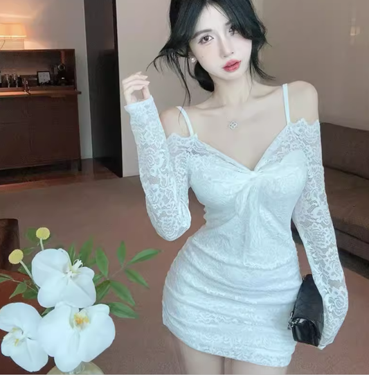 Sexy One Shoulder White Lace Sheath Short Vacation Dress Holiday Dress YM2338