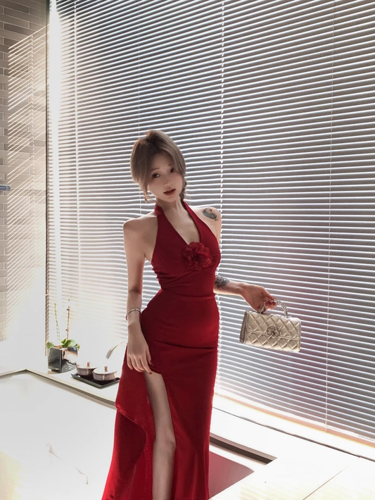 Red Three-Dimensional Flower Halter Party Dress Deep V Slit Evening Dress YM2115