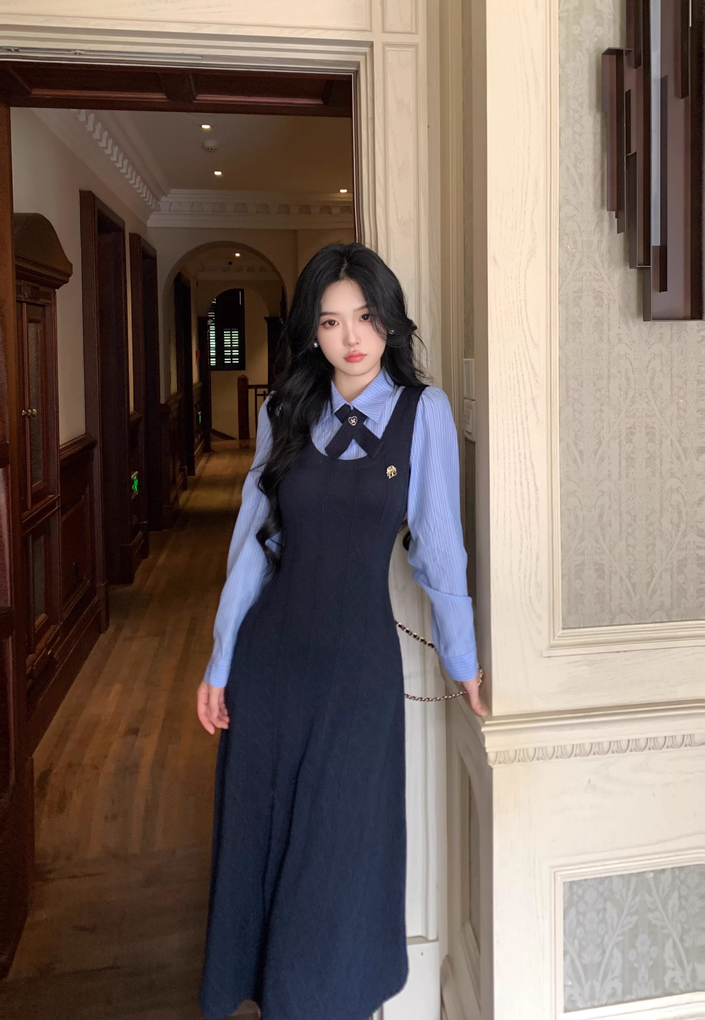 College Style Striped Shirt Fake Two Piece Dress Women's New YM2034