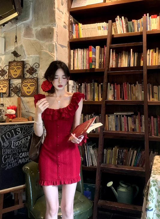 Red Short Dress Slimming And Elegant Suspender Dress YM1755