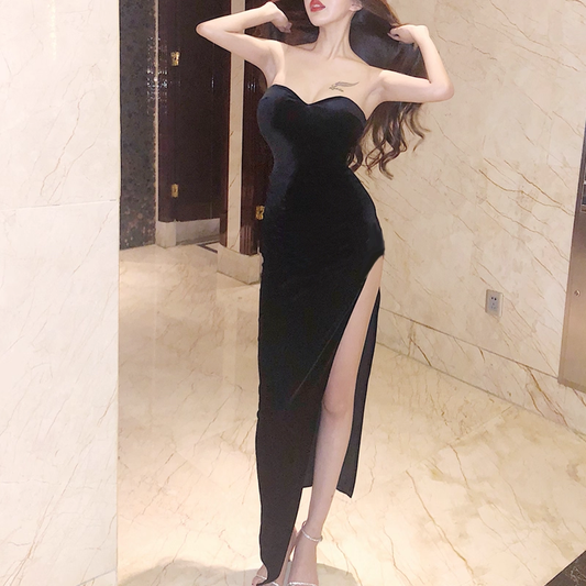 Sexy Strapless Velvet Burgundy Slit Party Dress YM2191