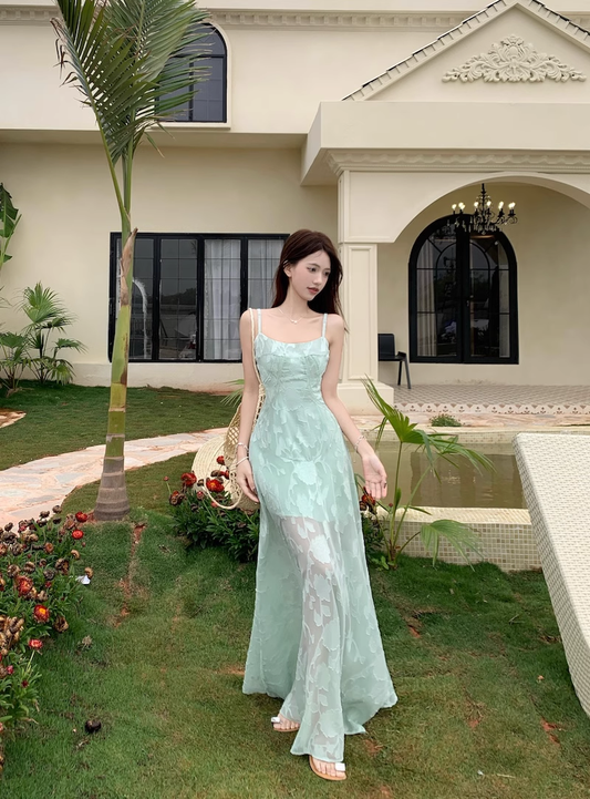 Jacquard Suspender Dress Summer Green Seaside Holiday Dress YM2112