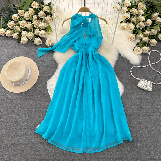 Deep V-neck mid-length sleeveless a-line dress YM984