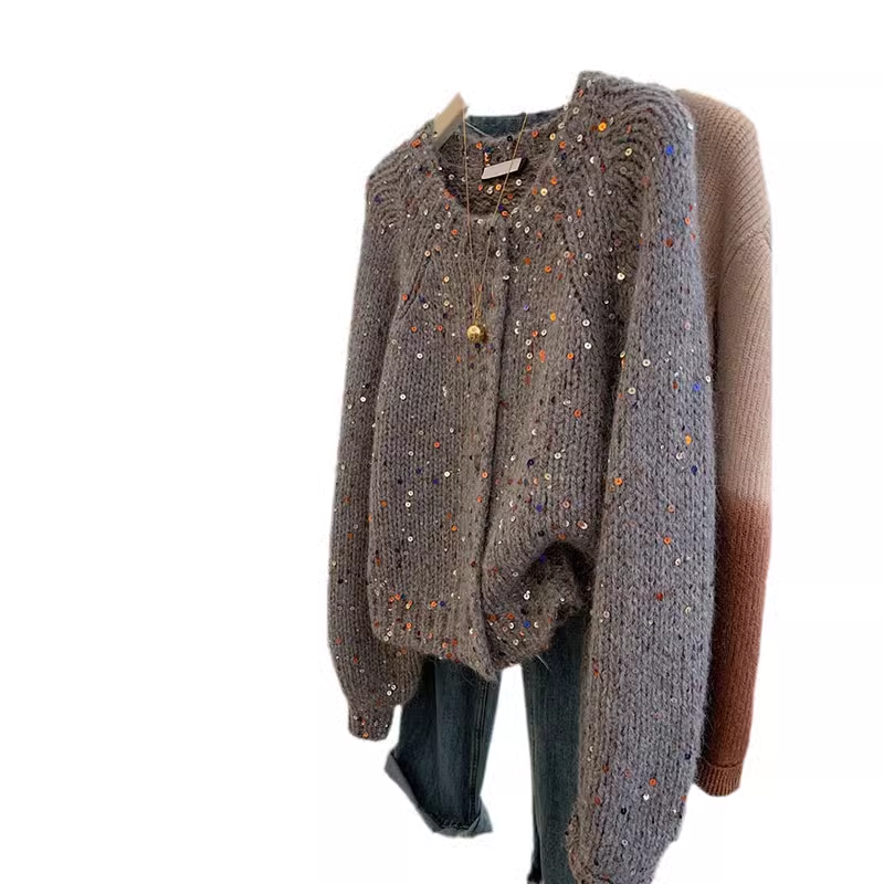 Colorful Sequined Sweater Loose Knitted Coat YM1869