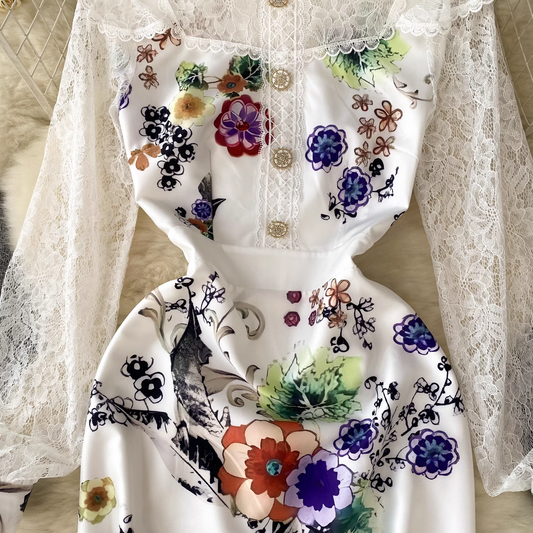 Elegant lace mosaic printed summer dress for women,YM156