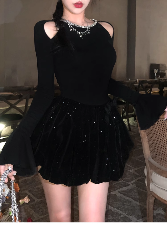New Style Birthday Date Dress Off-shoulder Long-Sleeved Black Prom Dress YM1978
