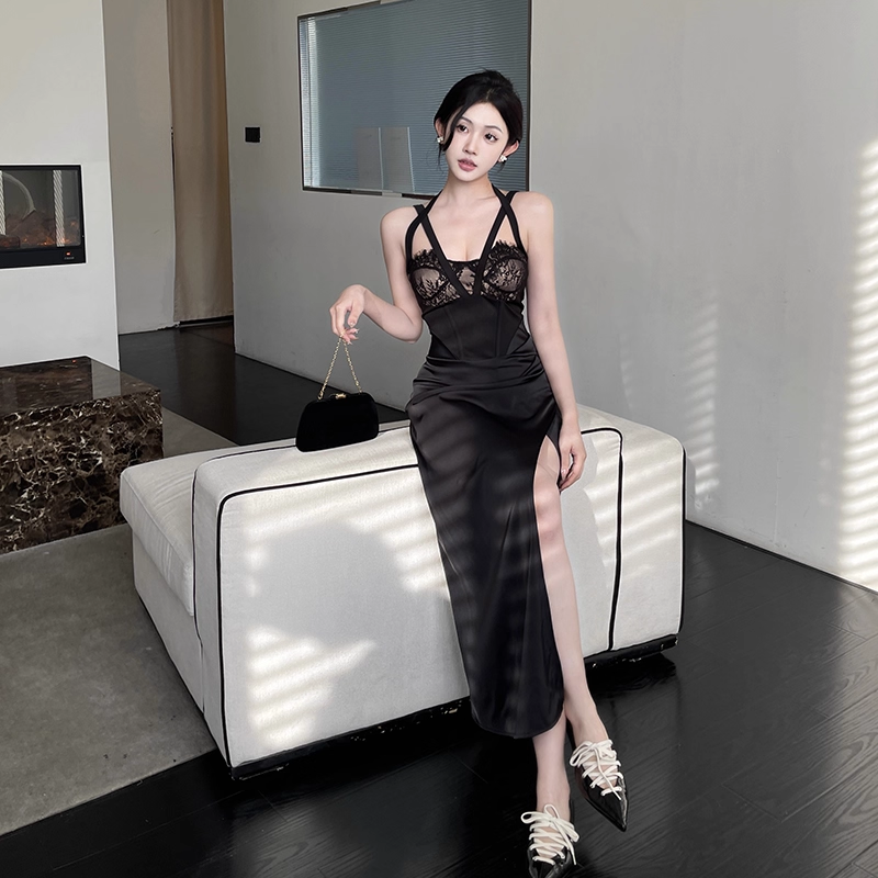 Black Sexy Lace Stitching Suspender Holiday Dress Long Birthday Dress YM2228