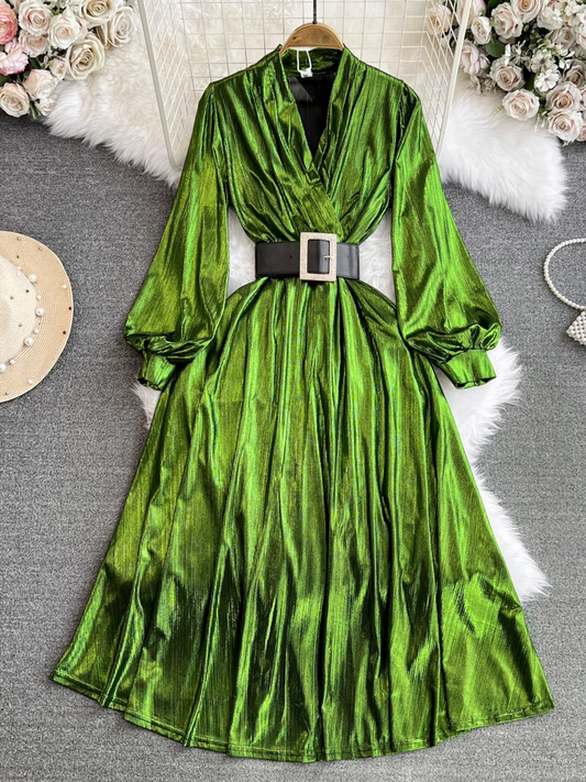 Lantern sleeves V-neck waist A-line metallic shiny dress YM887