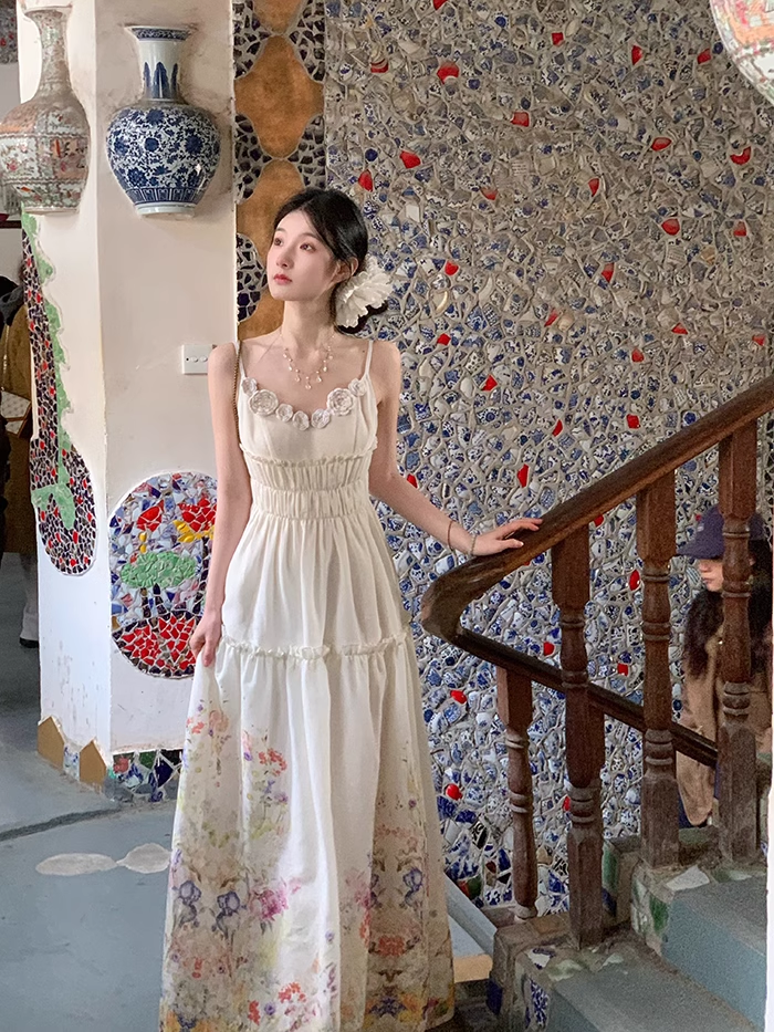 White 3D Flower Faux Linen Waisted Spaghetti Straps Party Dress YM2022