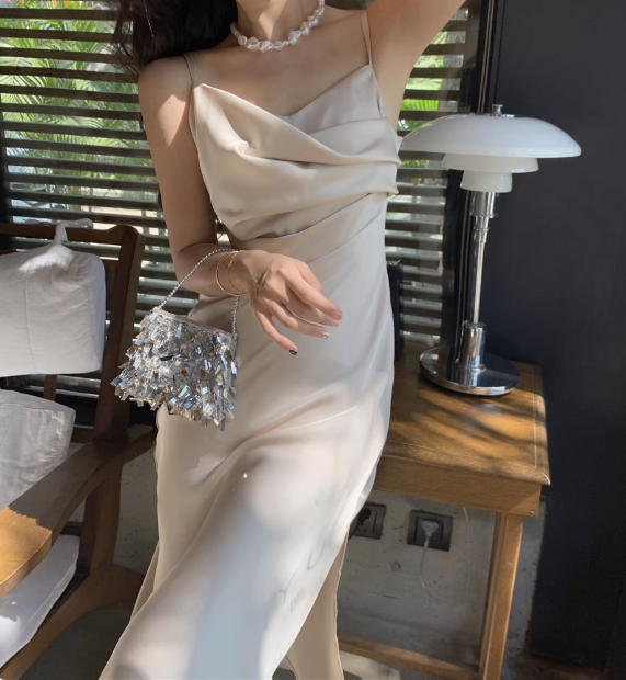 Blue satin suspender long party dress birthday dress YM1947