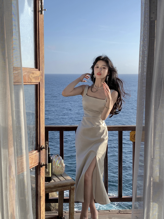 Classy Suspender Dress Sheath Satin French Long Dress YM2054