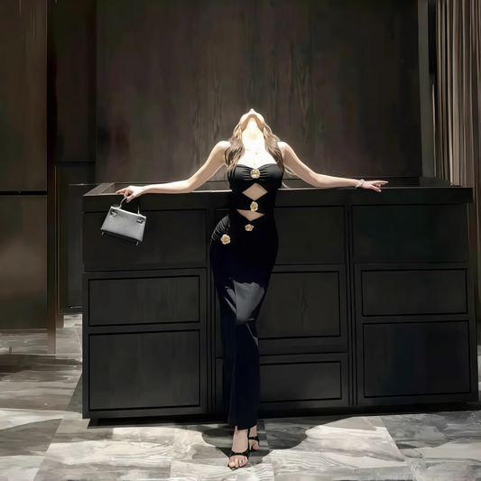 Black Metal Rose Sexy Hollow Halter Neck Party Dress Long Holiday Dress Women Dress YM2211