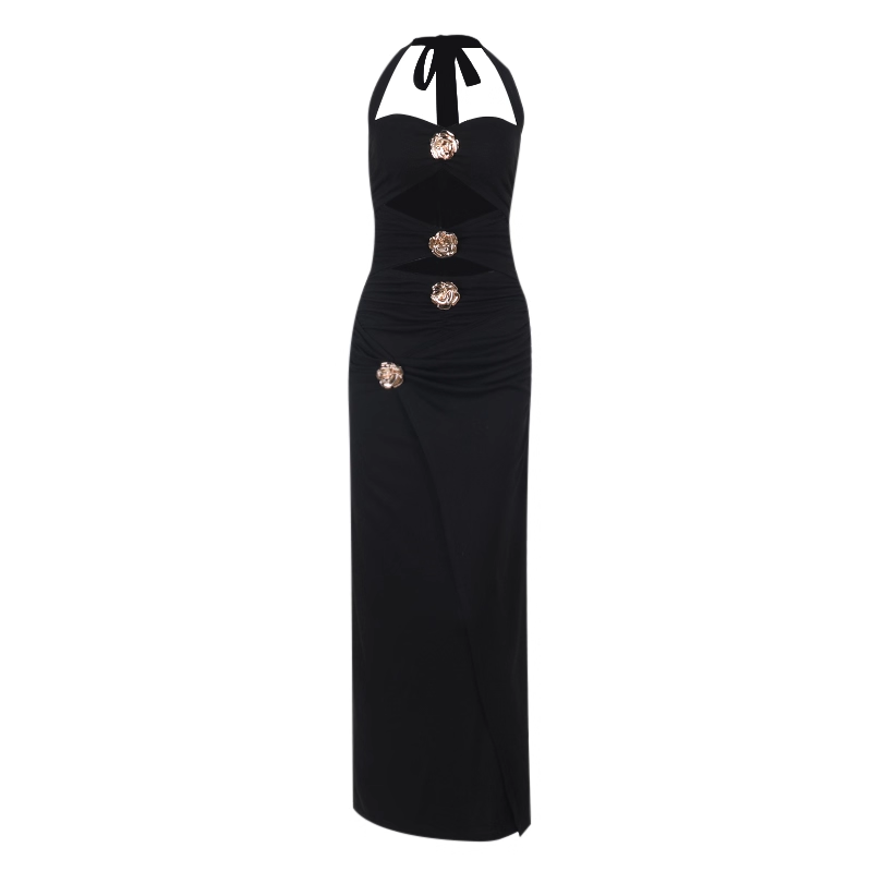 Black Metal Rose Sexy Hollow Halter Neck Party Dress Long Holiday Dress Women Dress YM2211