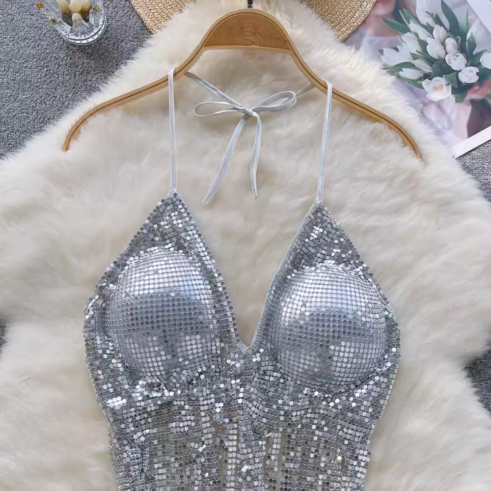 Women's sequined halter top with tassels,YM29