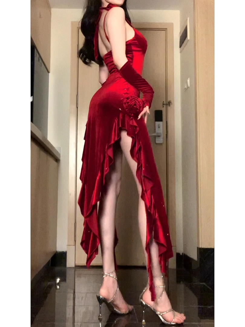 Sexy Spaghetti Straps Red Velvet Ruffle Slit Party Dress Birthday Dress YM2210