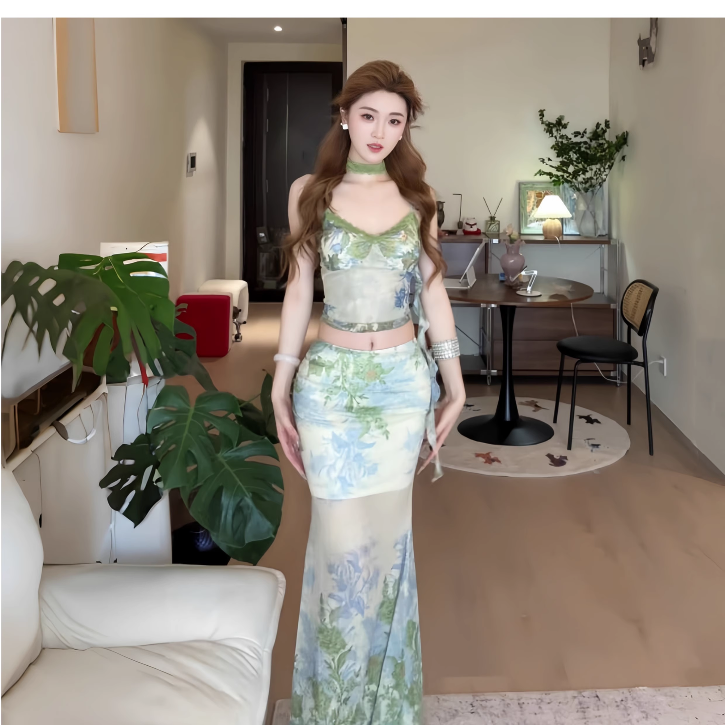 New Green Spaghetti Straps Mermaid Vacation Dress Long Party Dress Two Piece YM2241