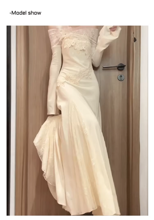 Elegant Off The Shoulder Long Prom Dress Lace Evening Gown YM1646