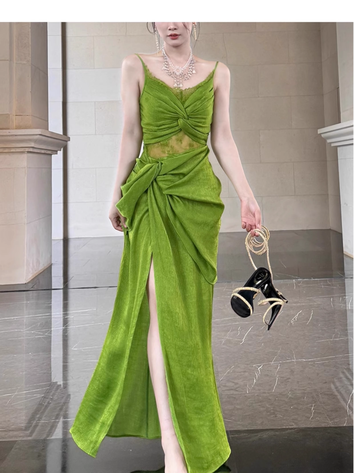Sexy Lace Apricot Prom Dress Slit Pleated Party Dress YM1698