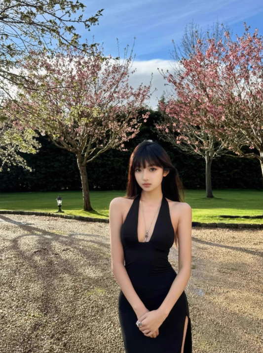 Backless Black Deep V Halter Neck Mini Dress Sexy Birthday Dress YM1722