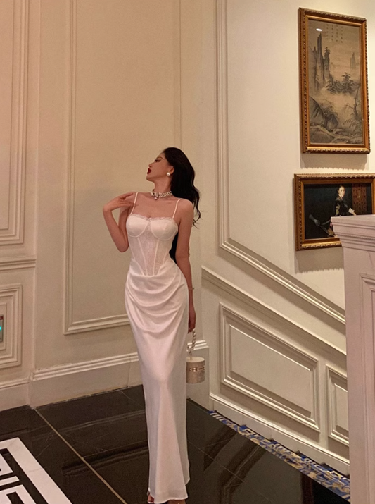 White Suspender Dress Sexy Waist Party Dress YM1668