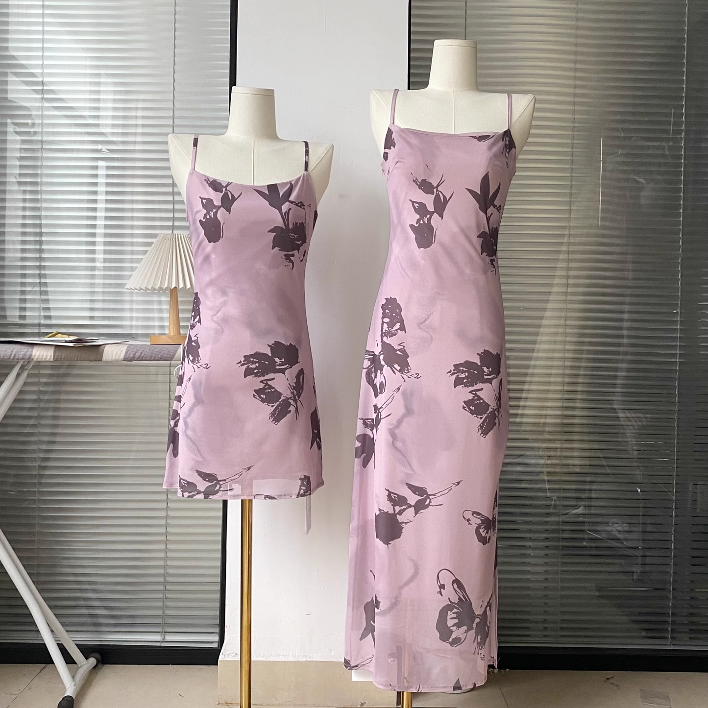 Purple Floral Suspender Dress Sexy Slit Party Dress YM1766
