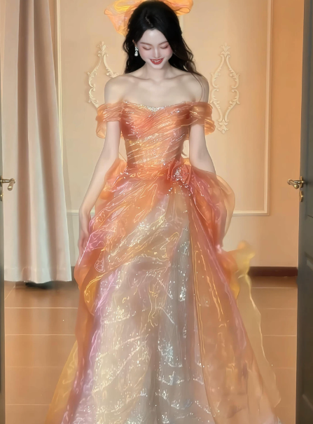 Sparkly Orange Tulle Tiered Puffy Strapless A-Line Long Prom Dress Birthday Dress Ball Gown YM2687