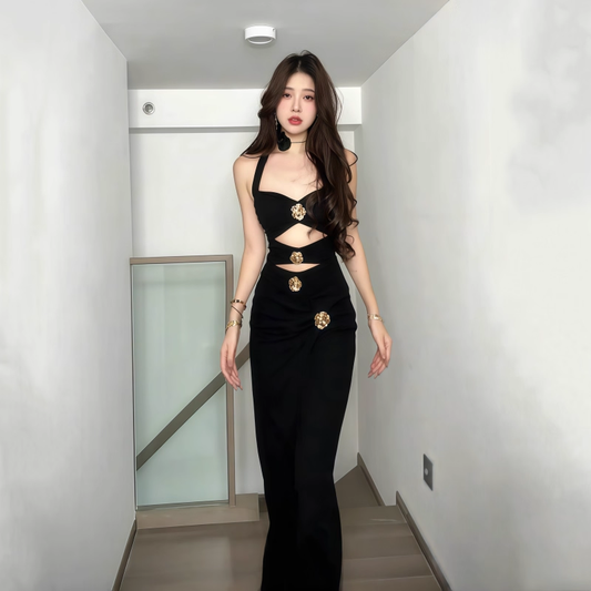 Black Sexy Hollow Halter Neck Sheath Long Holiday Dress Birthday Dress YM2219
