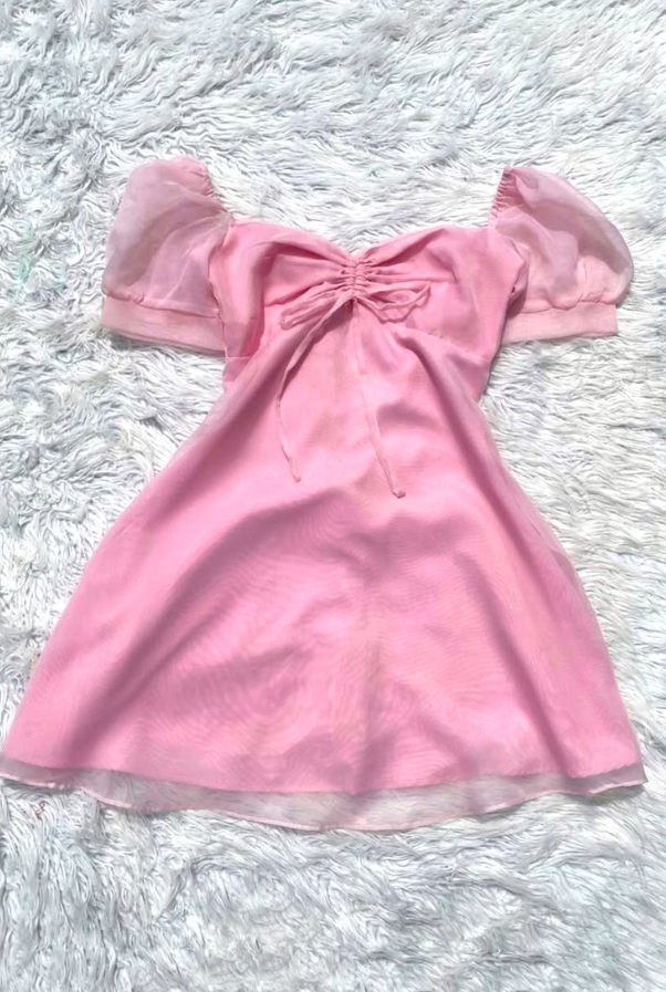 Sweet Pink Puff Sleeves Chiffon Square-neck A-Line Short Prom Dress Party Dress YM2496
