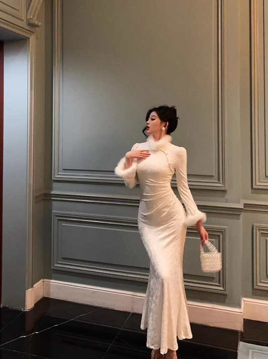 White Fur Collar Prom Dress Elegant Mermaid Long Dress YM1674