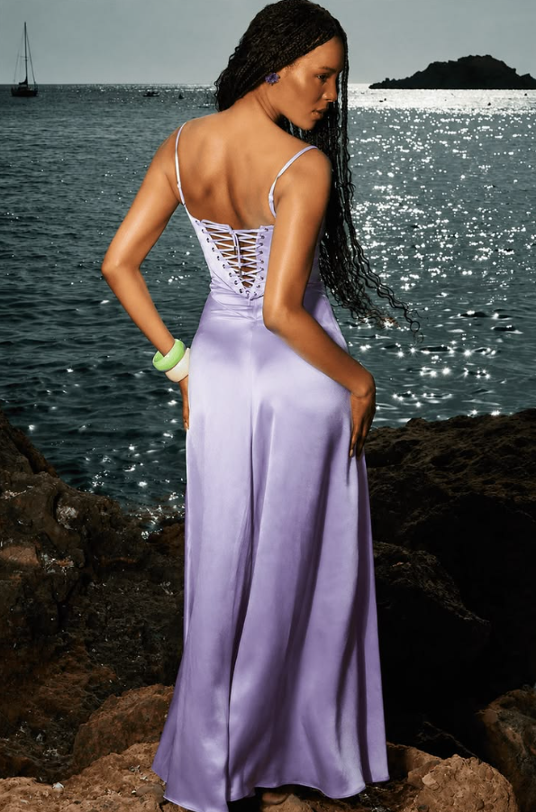 Stunning Lavender Satin Silky Spaghetti Straps A-Line Long Prom Dress Birthday Dress YM2578