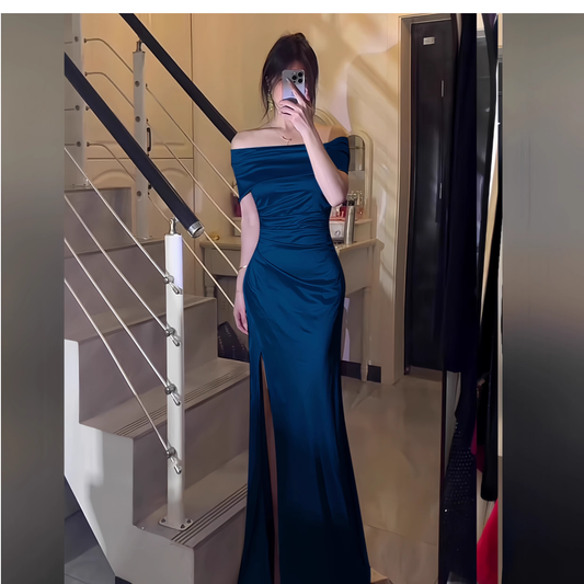 Classy Burgundy Off The Shoulder Birthday Party Dress Satin Slit Long Holiday Dress YM2237