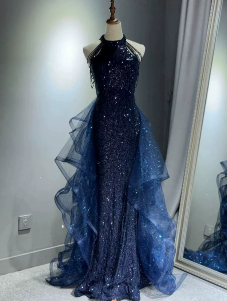 Glitter Starry Sequins Tulle Flowy High Collar A-Line Long Prom Dress Birthday Dress YM2635