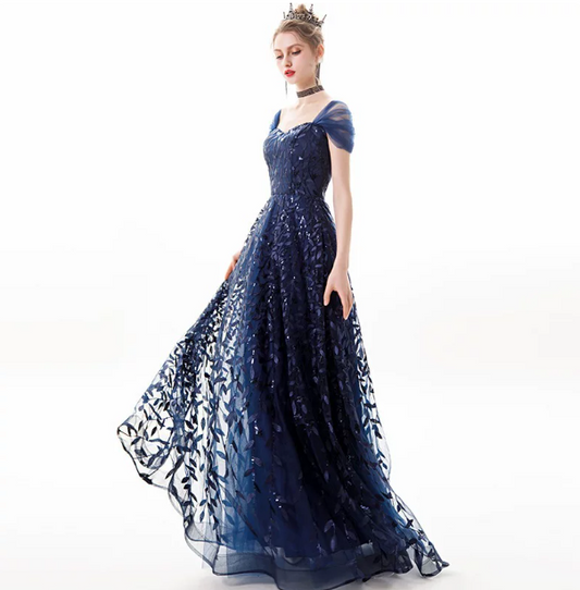 Elegant Navy Tulle Puffy Square-neck A-Line Long Prom Dress Birthday Dress YM2639