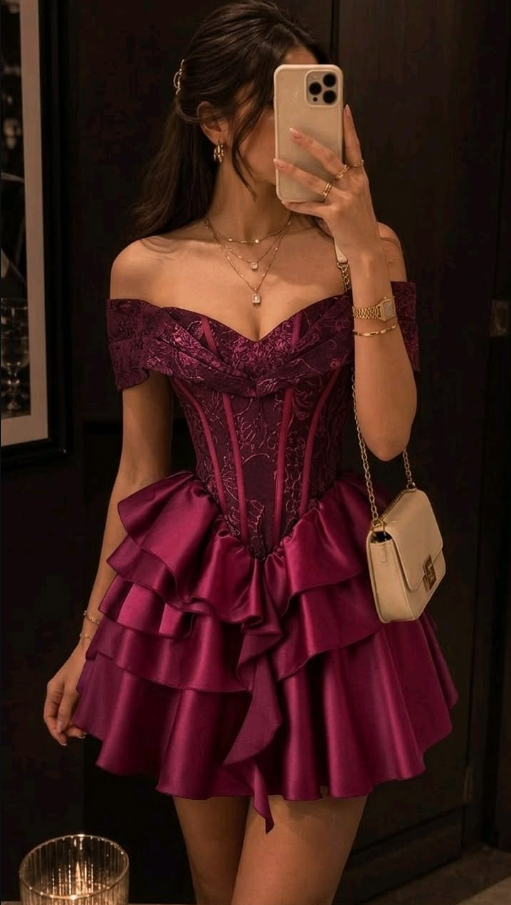 Sparkly Burgundy Ruffled Silky Satin A-Line Short Party Dress Cocktail Dress YM2474