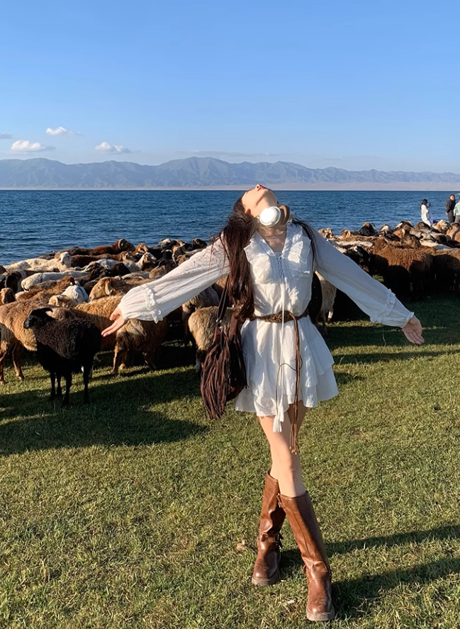 White Long Sleeves Short Dress For Women YM1745