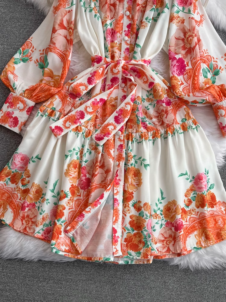 Lantern long sleeve lapel a line print dress for women YM992