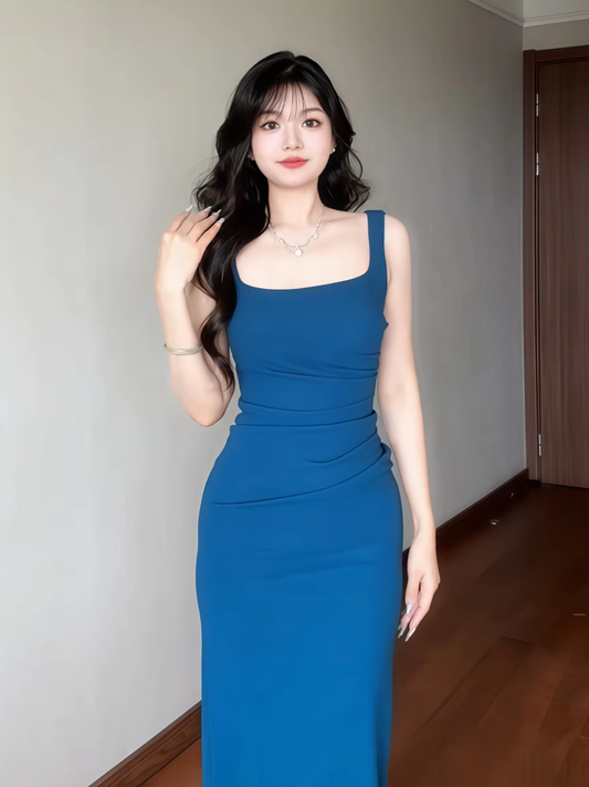 Pretty Square Blue Sheath Long Holiday Dress Vacation Dress YM2148