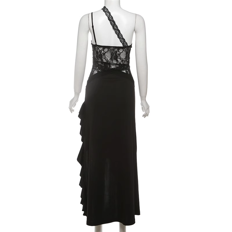 Sexy Spaghetti Straps Black Lace Slit Ruffle Party Dress Birthday Outfits YM2198