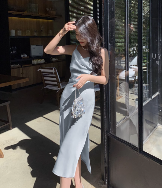 Blue satin suspender long party dress birthday dress YM1947