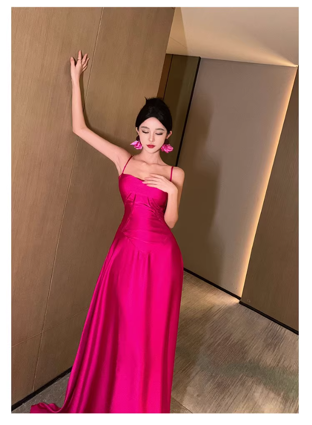 Charming Hot Pink Straps Long Party Dress Birthday Evening Dress YM2175