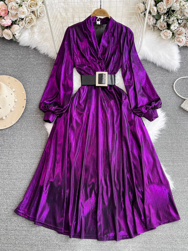 Lantern sleeves V-neck waist A-line metallic shiny dress YM887