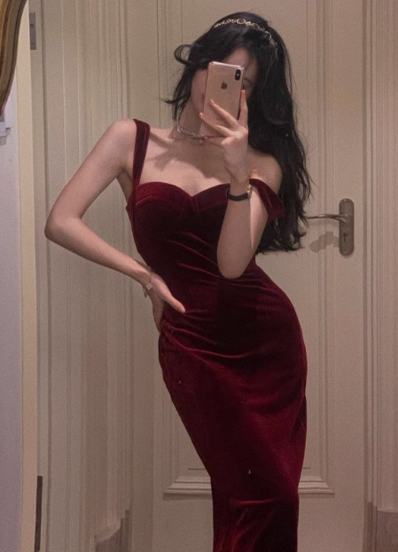 Vintage burgundy velvet suspender dress birthday dress YM1963