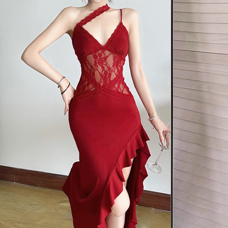 Sexy Spaghetti Straps Black Lace Slit Ruffle Party Dress Birthday Outfits YM2198