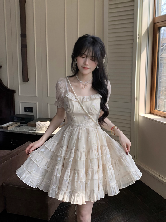 Sweet And Gentle Bow Print Gold-Stamped Cake Tutu Dress Birthday Party Dress YM2048