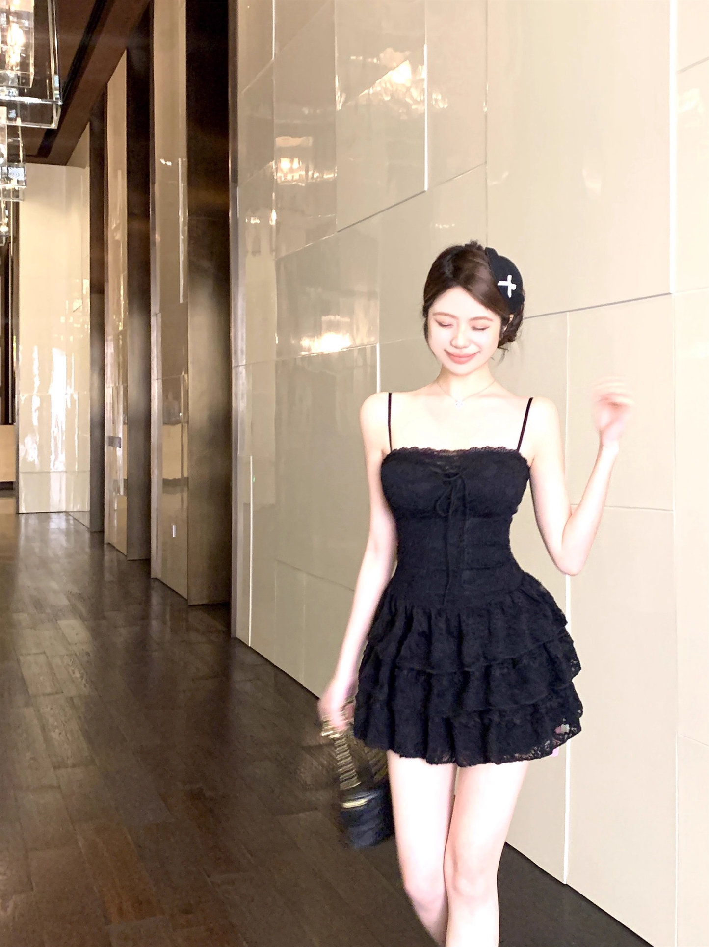Black Sexy Lace Straps A Line Birthday Outfits Short Vacation Dress YM2190